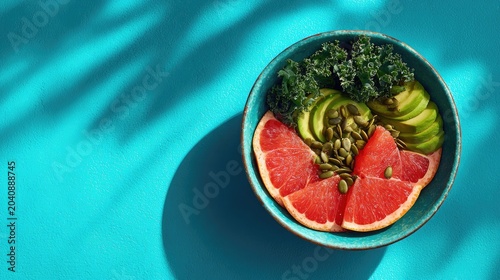 Bright blue background with a vibrant fruit and greens bowl