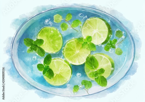 Refreshing citrus slices with mint leaves float in cool blue water