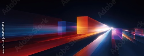 Abstract geometric shapes illuminated by vibrant light streaks