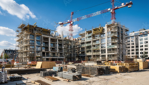 Slika na platnu Modern Residential Apartment Construction Site With Tower Cranes And Urban Devel