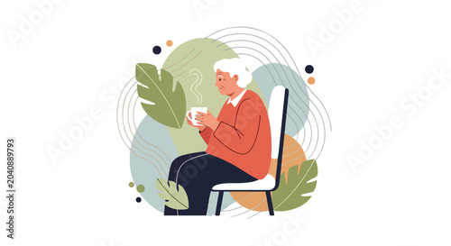 Φωτογραφία An elderly woman with white hair sits peacefully on a chair, holding a steaming cup of tea amidst decorative abstract shapes and lush green leaves