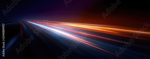 Streaks of blue and orange light flow into the darkness