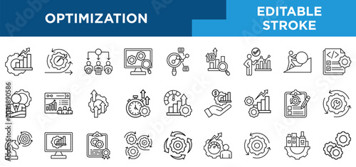 Photos Optimization  line icons set with  optimize, cross functional, search, analytics, profitability analysis, measure succes, effort, management concepts
