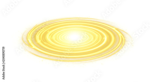 Bright yellow-orange swirling light effect forming concentric ellipses and a radiant central glow on a clean white background symbolizing energy innovation or a portal with abstract, technology