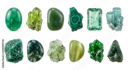 Set of ten precious green gemstones and mineral crystals including emerald peridot malachite jade and isolated on transparent background