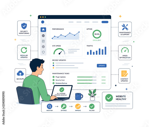 Website maintenance and optimization. A specialist checks performance charts and content updates on a website dashboard, keeping the digital product stable and easy to use. Clean analytics cards,