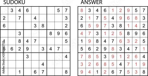 Obraz na płótnie Sudoku puzzle grid with numbers and empty cells on the left, completed Sudoku so