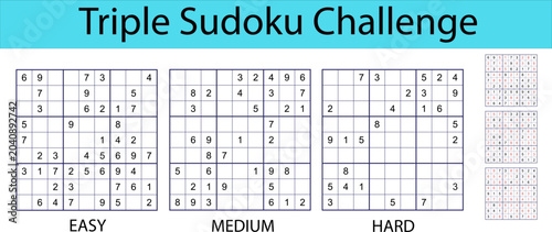 Triple Sudoku challenge illustration featuring three grids labeled easy, medium, and hard with numbers and a colorful header for puzzle enthusiasts and game lovers
