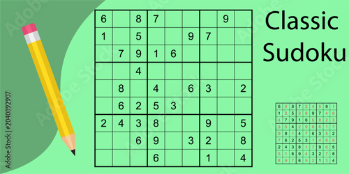 Quadro em tela Classic Sudoku puzzle illustration featuring a large grid with numbers, a smalle