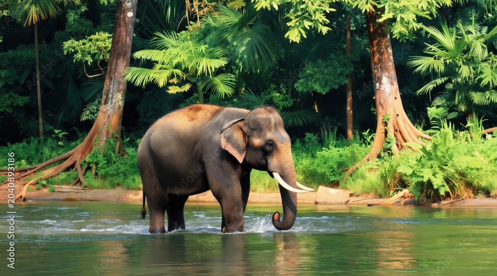 Fototapeta premium Large elephant walks in river water surrounded by dense green jungle vegetation. Tall trees with exposed roots frame peaceful Asian wildlife scene. Sunny day illuminates tropical forest environment.