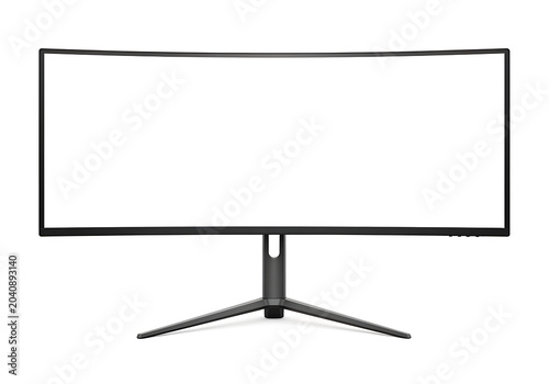 Curved computer monitor with blank white screen and modern black stand isolated on clean white background high tech computer technology electronic hardware workstation isolated ultrawide