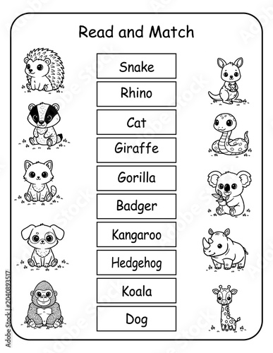 Printable wild animal read and match worksheets for preschool and kindergarten learners. Kids read each wildlife word and draw a line to its matching picture, building word recognition and early liter