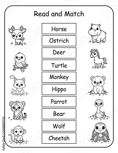 Printable wild animal read and match worksheets for preschool and kindergarten learners. Kids read each wildlife word and draw a line to its matching picture, building word recognition and early liter
