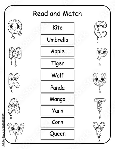 Printable alphabet read and match worksheets for preschool and kindergarten learners. Kids read each word and draw a line to the matching picture, building essential word recognition and early reading
