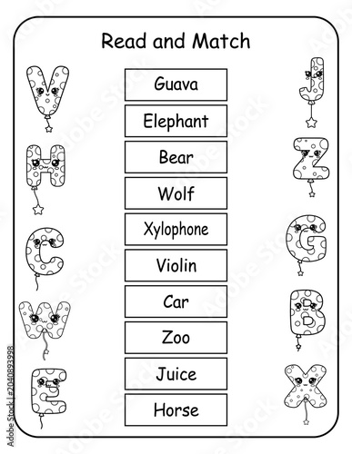Printable alphabet read and match worksheets for preschool and kindergarten learners. Kids read each word and draw a line to the matching picture, building essential word recognition and early reading