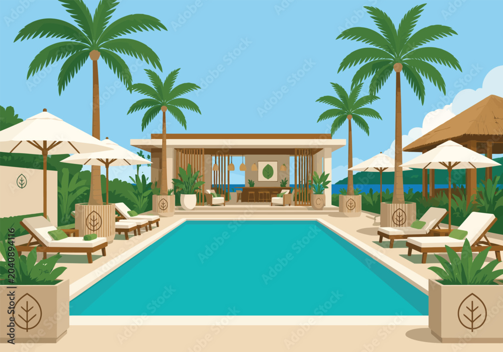 Fototapeta premium Luxury Tropical Resort Pool Vector Illustration with palm trees modern architecture and premium vacation lifestyle