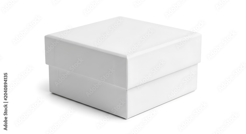 Fototapeta premium Small white square gift box with a lid, isolated on a clean white background, perfect for packaging or presentation.