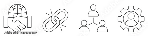 Business networking line icon set featuring handshake, link, team, gear, global partnership, connection, collaboration and community. editable stroke vector set.