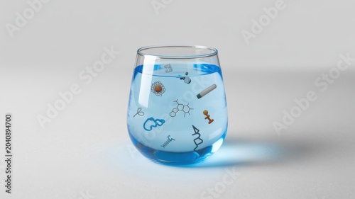 Clear glass of blue drinking water containing floating miniature icons of toxic chemical biological and plastic pollutants on a white background