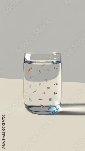 3D render of a clear glass of drinking water containing small floating microplastics medical waste and tiny hazard icons on a light background
