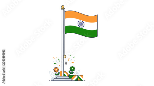 Illustration of the Indian national flag flying on a pole.