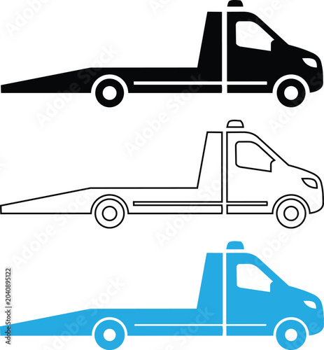 Schilderij op canvas Flatbed tow truck vector illustration set in different styles for roadside assistance