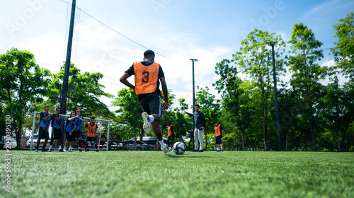 Fotografia A young football players are practicing free kicks while the opposing team forms