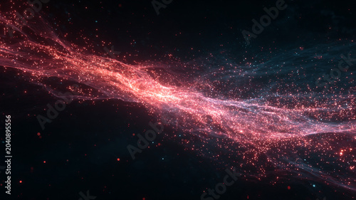 abstract cosmic energy flowing through dark space, glowing particles and volumetric light, cinematic sci-fi atmosphere
