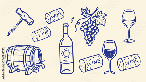 Photos Set of Hand Drawn Wine Elements Featuring Bottles Grapes Glasses Corks and Woode