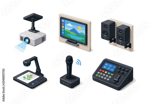 Multimedia classroom. Isometric flat vector icons set of Multimedia classroom: ceiling projector, wall display screen, classroom speakers, document camera, wireless microphone, media control console.