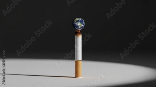 Burning cigarette standing on white surface with dark background and smoke concept for addiction health risk and copy space