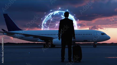 Man in suit with suitcase waits for plane on airport tarmac. Digital globe hologram shows worldwide network connections. Businessman travels for global business meeting at night.