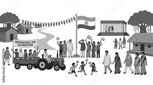 Schilderij op canvas Indian village community celebrating Independence Day with tractor parade and flag hoisting