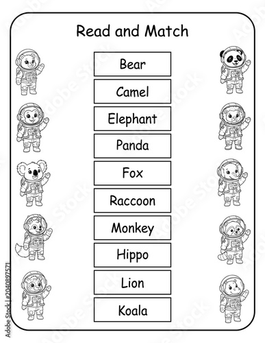 Space-themed printable read and match worksheets for preschool and kindergarten classrooms. Children read each astronaut animal word and connect it to the correct picture, developing early literacy