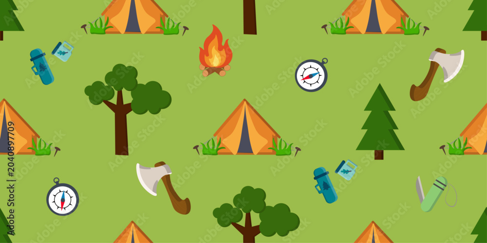 Fototapeta premium Camping Adventure Seamless Pattern with Tent, Compass and Forest Equipment. Perfect for fabric printing, wrapping paper, children's products, wallpapers, scrapbooking and outdoor themed designs.