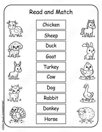 Printable farm animal read and match worksheets for preschool and kindergarten learners. Kids read each barnyard animal word and draw a line to its matching picture, building word recognition