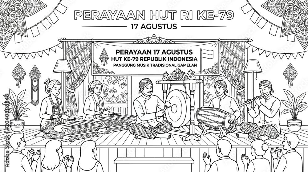 Obraz premium Indonesian traditional gamelan musical performance for independence day celebration line art illustration.