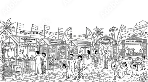 Fotografía Indonesian street market festival scene with families and local food stalls