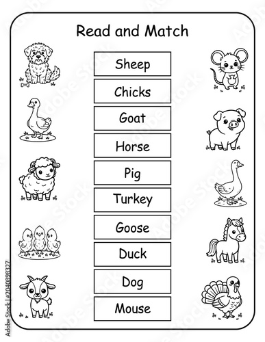 Printable farm animal read and match worksheets for preschool and kindergarten learners. Kids read each barnyard animal word and draw a line to its matching picture, building word recognition