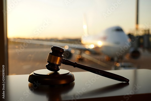 Gavel and airplane against sunset symbolize aviation law, passenger rights, travel disputes, flight delays, compensation claims, insurance issues, legal regulations, safety compliance.