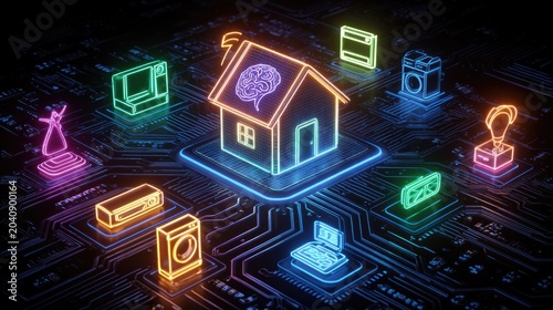 Neon smart home devices connect to a central house with a glowing brain