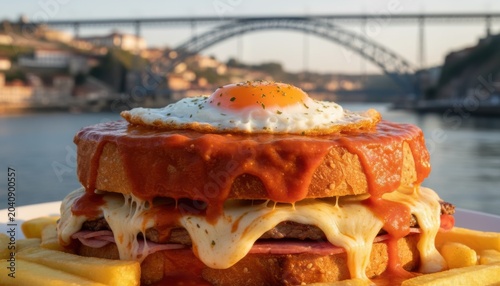 Francesinha sandwich with melted cheese tomato sauce fried egg and french fries in front of Dom Luis I Bridge in Porto Portugal