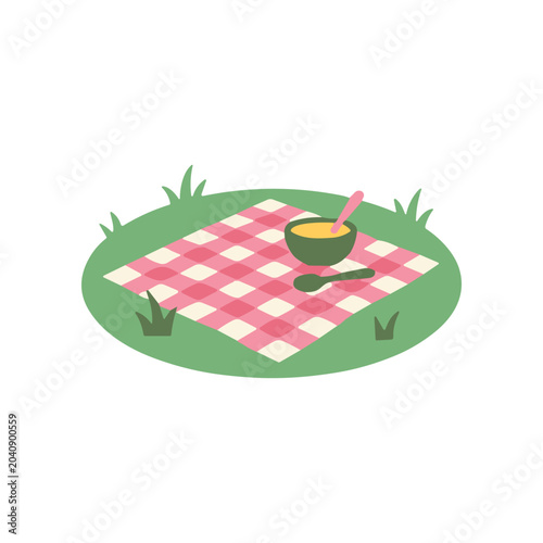 Picnic Blanket with Bowl and Spoon.