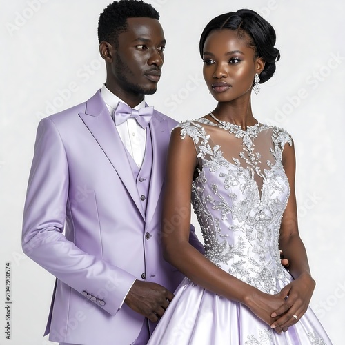 Couple in formal attire posing together.