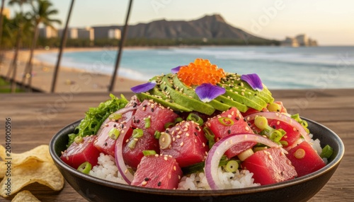 Poke bowl with raw ahi tuna avocado onion and fish roe over rice with scenic Diamond Head beach background in Honolulu Hawaii