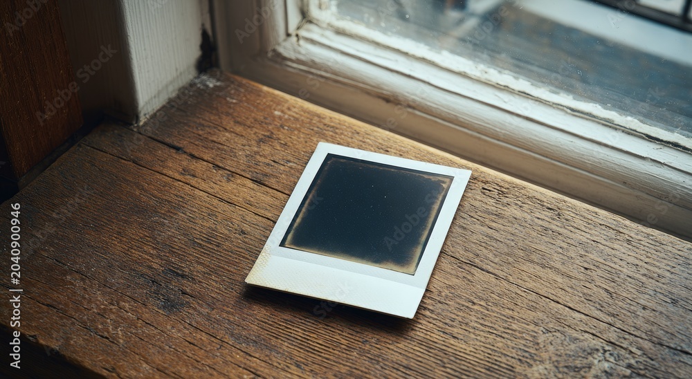 Fototapeta premium Empty instant photo frame rests on a weathered wooden windowsill