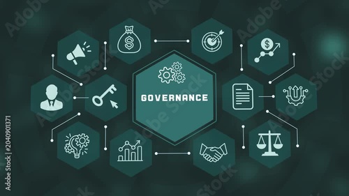 Corporate governance infographic framework displaying legal compliance, organizational ethics, risk management and balance scales.