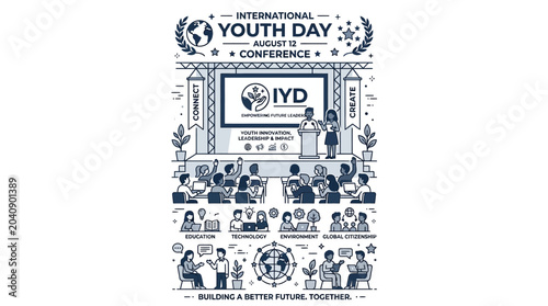 Fotografía International Youth Day conference poster with diverse group of young people engaged in educational activities