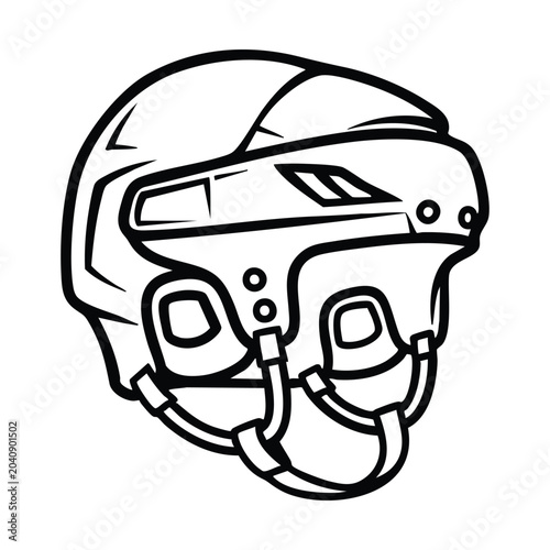 Black and white line art illustration of a hockey helmet with a visor, depicting protective sports gear for ice hockey players.