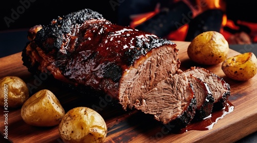 Smoky barbecue chuck roast meat glistening with sauce. Whole roasted potatoes surround cooked beef on wooden board. Fire glows in background, indicating outdoor cookout.